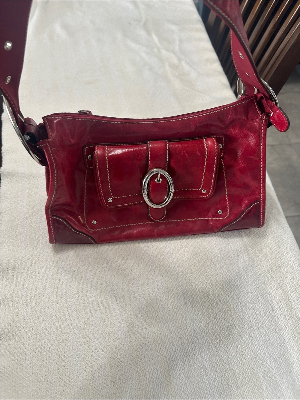 Red Leather Shoulder Bag with Front Buckle